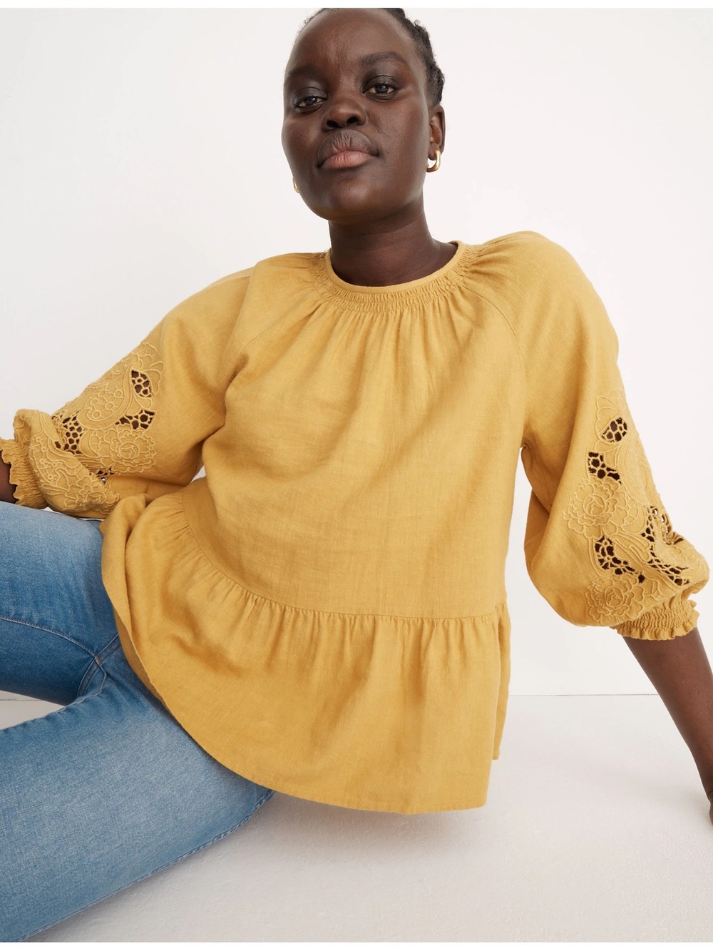 Madewell Eyelet Peplum Top Linen Blend Earthen Gold Cottagecore Boho Blouse XS